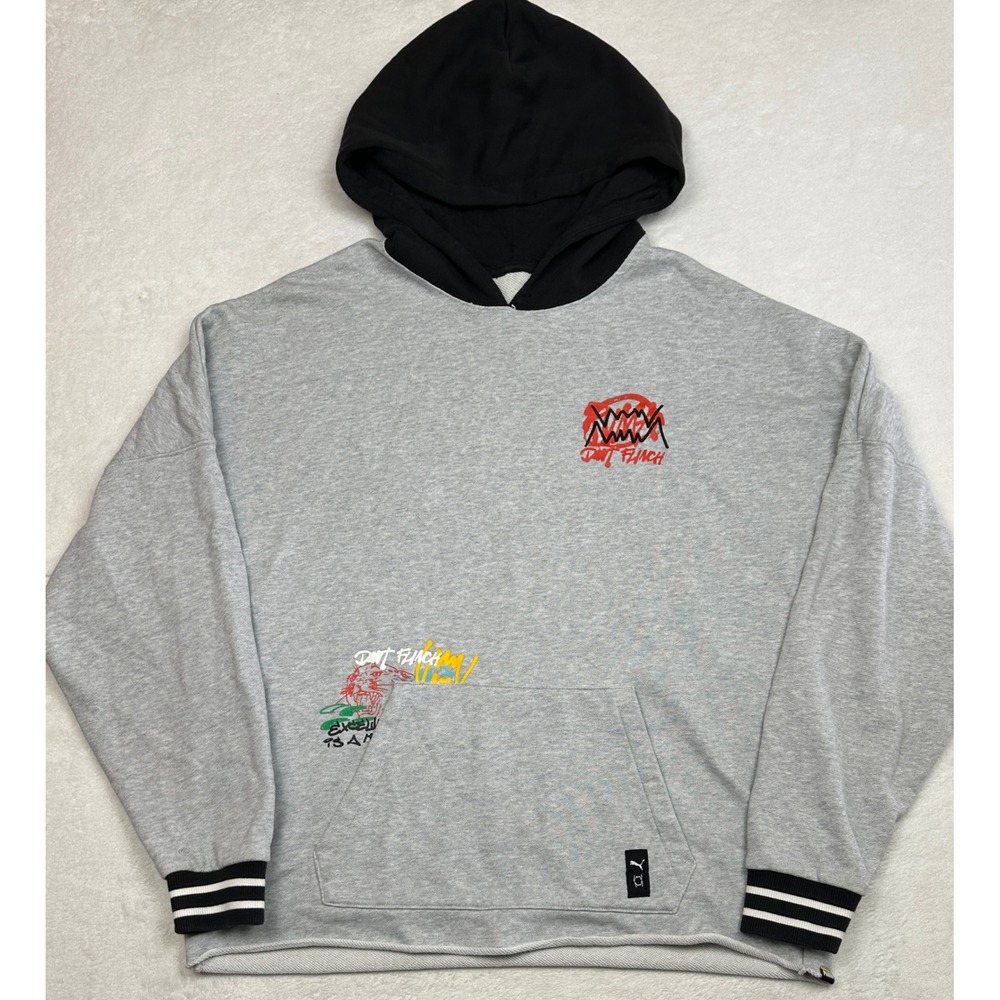 Rare Puma Hoops Dont Flinch Mens Grey Black Graffiti Graphic Basketball Hoodie L
